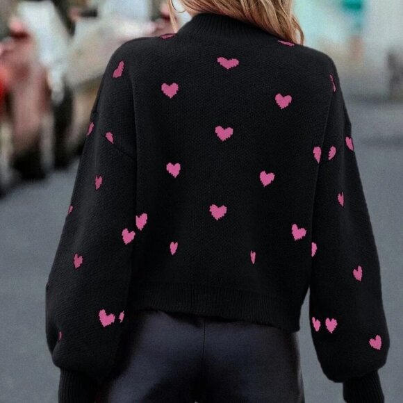 Black Casual Womens Heart Pattern Mock Neck Drop Shoulder Sweater - Picture 2 of 7